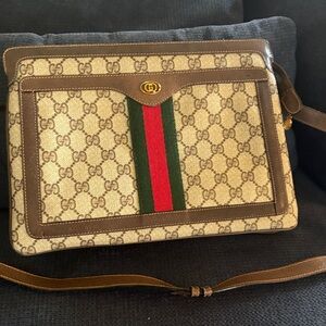 Gucci Beige/Brown Monogram Messenger Bag with Green-Red Web